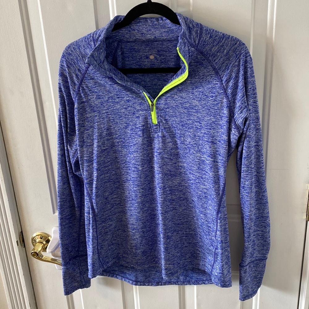 Women’s blue quarter zip athletic fit pullover neon zipper outline back pocket